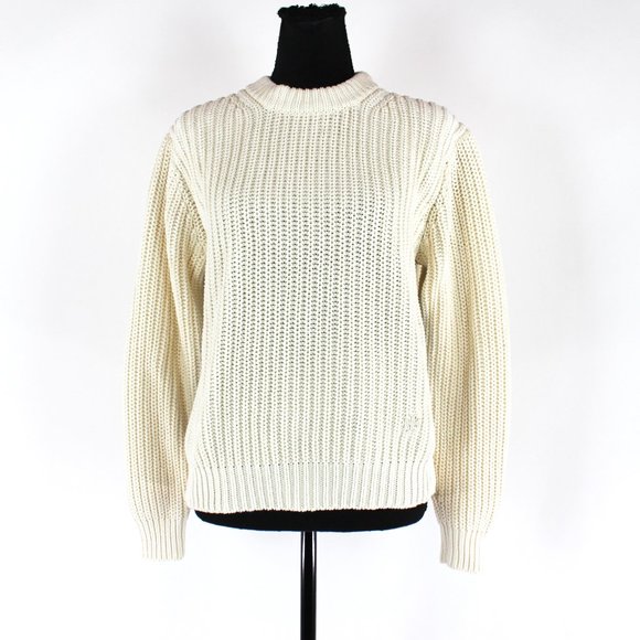 Tory Burch Ivory Chunky Cotton Knit Crewneck Sweater Small Side Stripe Pullover - Picture 1 of 7